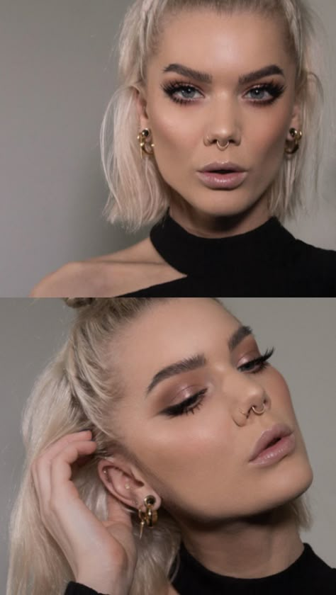 Punk Wedding Makeup, Subtle Rock Makeup, Septum Piercing Outfit, Edgy Work Makeup, Rock Wedding Makeup, Rocker Chic Eye Makeup, Rock Festival Makeup Ideas, Rocker Make Up Look, Edgy Formal Makeup