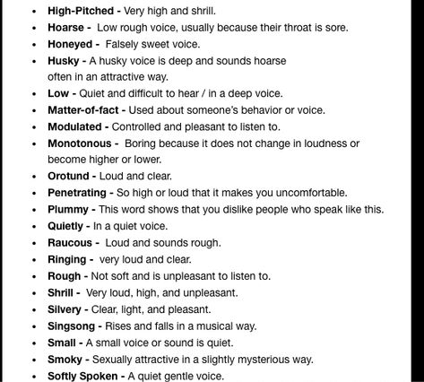 Words to Describe Someone's Voice - 2 Different Ways To Describe A Voice, Character Tone Of Voice, Ways To Describe Voices In Writing, Words That Describe Someone's Voice, Voice Tones In Writing, Words To Describe Tone Of Voice, Words To Describe Appearance, Describe Voice Tone, How To Describe Someone's Voice