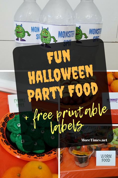 Easy ideas for Halloween party food for kids. Free water & food printable labels! #Halloween #Halloweenparty #Halloweenfood #freeprintable #moretimes Halloween Food Names Tags, Halloween Food Names Creepy, Fun Halloween Party Food Names, Halloween Party Food Labels Printable, Free Halloween Food Labels Printables, Halloween Party Food Labels, Halloween Themed Food Names, Halloween Food Labels Ideas, Halloween Food Labels Printable