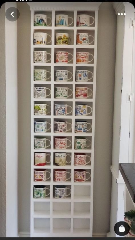 Diy Coffee Cup Display, Starbucks Mug Display Shelf, Display For Coffee Cups, Starbucks Mug Organization, Mug Collection Display Aesthetic, Starbucks You Are Here Mugs Display, Been There Mugs Display, Display Starbucks Mugs, Starbucks Mugs Collection Display