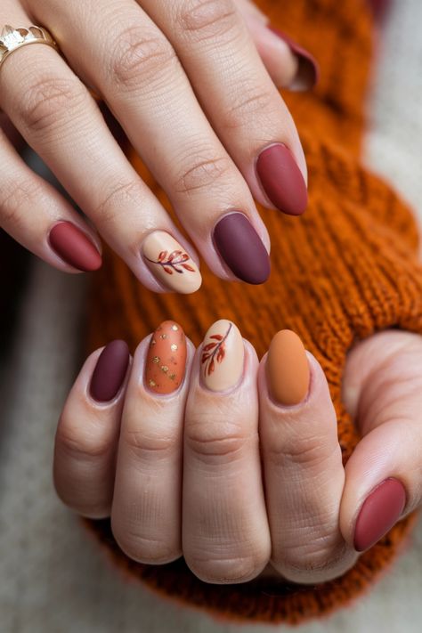 Embrace the beauty of autumn with these cozy round fall nail ideas! Picture rich burgundy and golden yellow swirls that capture the essence of falling leaves. This nail style not only brings warmth to your fingertips but also adds a stylish touch to your fall wardrobe. Perfect for any occasion, these nails are sure to turn heads and bring out the fall lover in you! Get ready for the season with these stunning designs. Fall Nails Ideas Autumn Almond Shape, Short Almond Nails Designs Simple, Fall Nail Designs Matte, Yellow Autumn Nails, Fall Vibes Nails, Autumn Aesthetic Nails, Fall Aesthetic Nails, Classy Fall Nail Designs, Simple Fall Nails Autumn