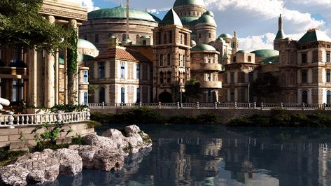 Another view of Naboo Naboo Aesthetic, Pillars Of Eternity, Star Wars Planets, Fantasy Cities, Star Wars Aesthetic, Fantasy Architecture, The Phantom Menace, Water Reflections, Fantasy City