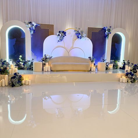 Ending the wedding festivities in style with a breathtaking navy blue and white themed reception. An evening to remember for our special couple. Styling, decor, florals and set up by @museweddingsandevents Candles by @rosewood.candles Venue @novellaonthepark Muslim Wedding Decorations, White Wedding Decorations, Wedding Festivities, Wedding Stage Decorations, Navy Blue Wedding, Stage Decorations, Muslim Wedding, Wedding Stage, White Decor