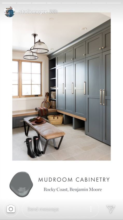 @studiomcgee Rocky Coast, Benjamin Moore Mudroom Remodel, Mudroom Cabinets, Rocky Coast, Mudroom Laundry Room, Mud Room Storage, Mudroom Design, Laundry Mud Room, Mudroom Bench, Laundry Room Design