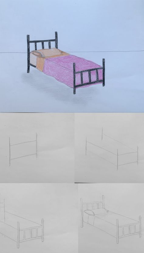 How To Draw A Bed - basicdraw.com How To Draw A Bed In One Point Perspective, How To Draw A Bed Step By Step, How To Draw Bedroom, Bed Perspective Drawing, Bed Drawing Sketches, How To Draw A Bed, Bed Sketch, Bedroom Supplies, Bed Drawing