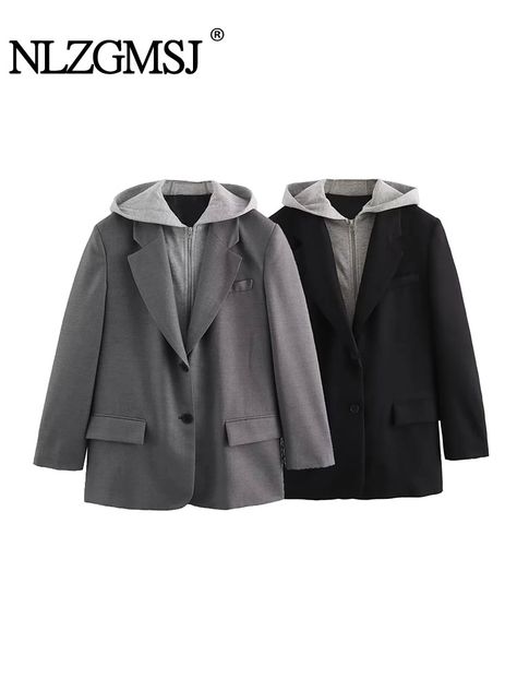 37.43US $ 40% OFF|TRAF 2024 Autumn Winter Hooded Splicing Blazer Women Single Breasted Office Blazer Woman Jackets Long Sleeve Coat New Outerwear| |   - AliExpress Hooded Blazer, Tank Outfit, Blazer Women, Long Sleeve Outerwear, Winter Outerwear, Long Sleeves Coats, Casual Blazer, Woman Fashion, Casual Coat