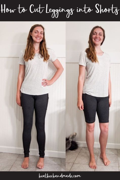 Learn how to cut leggings into shorts. If your leggings have holes in the knees this is a great way to still use them as shorts! Turn leggings into shorts! It’s a great way to keep using them before throwing them away! Biker shorts are all the rage at the moment, so I decided to cut my leggings into shorts. (It’s my favorite length to wear when I go running.) I show how to make biker length shorts, but this technique will work for any length of shorts! Fix A Zipper On Jeans, Alter Clothes, Altering Pants, Fix A Zipper, Clothing Alterations, Cut Leggings, Hem Leggings, Diy Shorts, Handmade Sewing