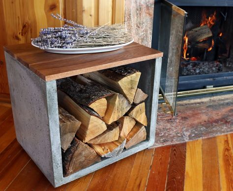 concrete, woodworking, firewood, firewood holder, log holder, concrete log holder, modern concrete, interior design, fireplace Diy Wood Holder, Firewood Rack Plans, Indoor Firewood Rack, Firewood Storage Indoor, Firewood Storage Outdoor, Storage Fireplace, Basement Furniture, Firewood Holder, Wood Holder