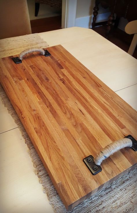 Butcher block serving tray - I turned the scrap butcher block from my kitchen sink cut out into a cool serving tray Kitchen Sink Shelf, Butcher Block Ideas, Wooden Utensil Holder, Diy Butcher Block, Farmhouse Serving Trays, Farmhouse Kitchen Signs, Butcher Block Wood, Kitchen Sink Storage, Butcher Blocks