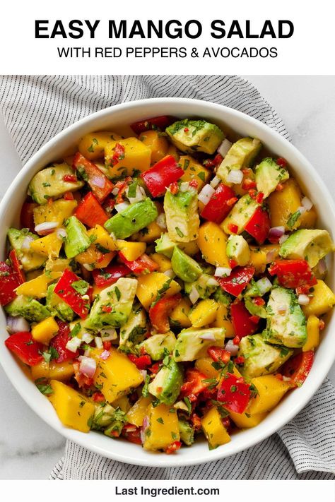 Crisp, fresh and spicy thanks to red chilies and a bright honey lime dressing, this mango avocado salad combines sweet fruit with savory ingredients including bell peppers, red onions and lots of cilantro. It's a spring-summer salad that you can serve as a side dish, especially with grilled entrees for lunch or dinner. This recipe goes big on color and flavor. Honey Lime Dressing, Light Pasta, Veggie Skewers, Mango Avocado, Sweet Fruit, Mango Salad, Mango Recipes, Main Dish Salads, Lime Dressing