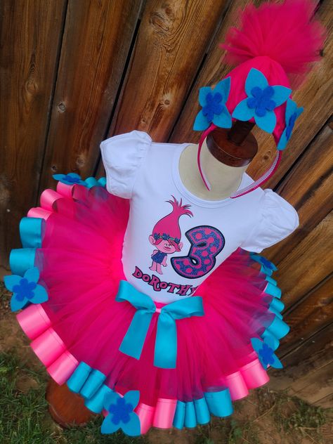 Trolls Birthday Outfit Girl, Trolls Birthday Outfit, Trolls Themed Birthday Party, Custom Birthday Dress, Trolls Birthday Party Ideas, Troll Party Theme, Poppy Costume, 80s Birthday, 80s Birthday Parties