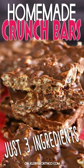 Homemade Crunch Bars, Crunch Bars Recipe, Homemade Candy Bars, 3 Ingredient Desserts, Crunch Bars, Chocolate Candy Recipes, Crunch Bar, 3 Ingredient Recipes, Chocolate Crunch