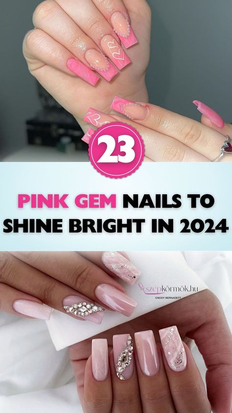 Shine bright in the new year with these dazzling pink gem nails. A collection of designs guaranteed to make you stand out in 2024. Pink Nails With Gems Jewels, Pink Nail Designs With Rhinestones, Nail Ideas With Gems, Pink Nails With Gems, Nail Designs With Gems, Pink Gem Nails, Best Pink Nails, Pink Nails With Rhinestones, Pink Bling Nails