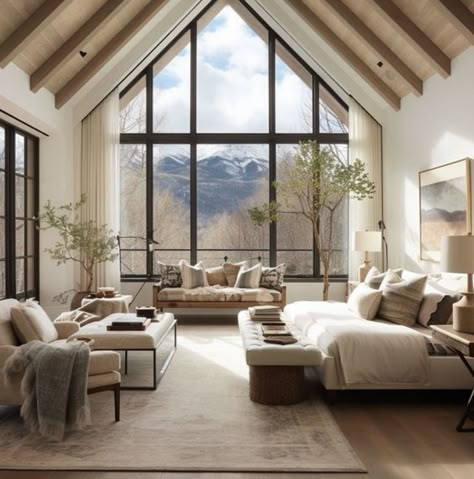 Vaulted Ceiling Ideas, Casas Coloniales, Modern Mountain, Modern Bedroom Design, Dream House Interior, Farmhouse Homes, Design Living Room, A Living Room, Large Windows