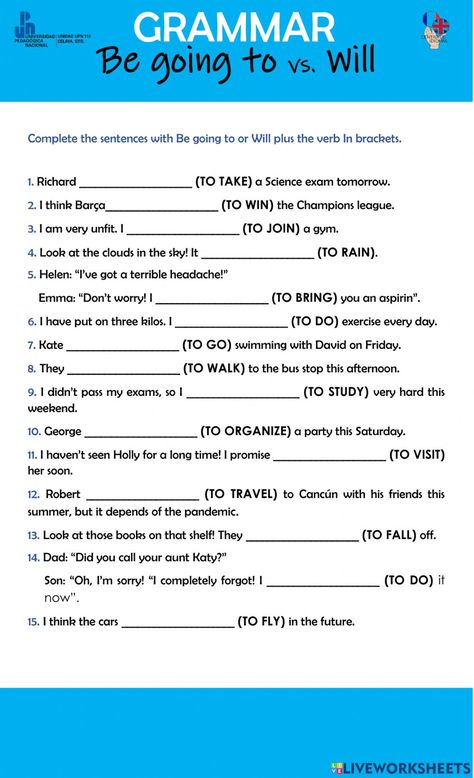 Will Vs Be Going To Worksheet, Will And Be Going To Worksheet, Will Or Going To Worksheet, Will Vs Going To Worksheets, Be Going To Worksheet, English Language Learning Activities, English Homework, Essay Writing Examples, English Grammar Exercises