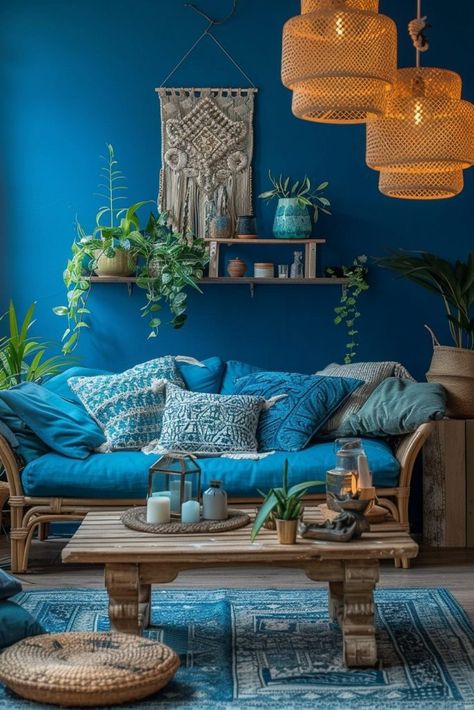 Boho Reading Corner, Blue Boho Living Room, Blue Boho Decor, Reading Corner Ideas, Boho Chic Nursery, Boho Chic Living Room, Light Blue Walls, Mediterranean Style Home, Boho Style Decor