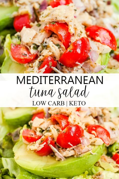 Low Carb, Mediterranean Tuna Salad that tastes amazing! This is my new go-to Keto lunch! Mediterranean Tuna, Mediterranean Tuna Salad, Mediterranean Diet Recipes Dinners, Med Diet, Mediterranean Diet Meal Plan, Easy Mediterranean Diet Recipes, Low Carb Meal, Mediterranean Diet Plan, Starting Keto Diet