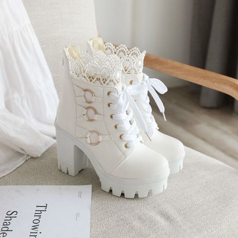 Chic Lace-Trimmed Chunky Heel White Ankle Boots White Heeled Boots, White Heel Boots, Pretty Boots, White Ankle Boots, Fashion Shoes Heels, Pretty Shoes Sneakers, Cute Shoes Heels, Fantastic Shoes, Cute Nike Shoes