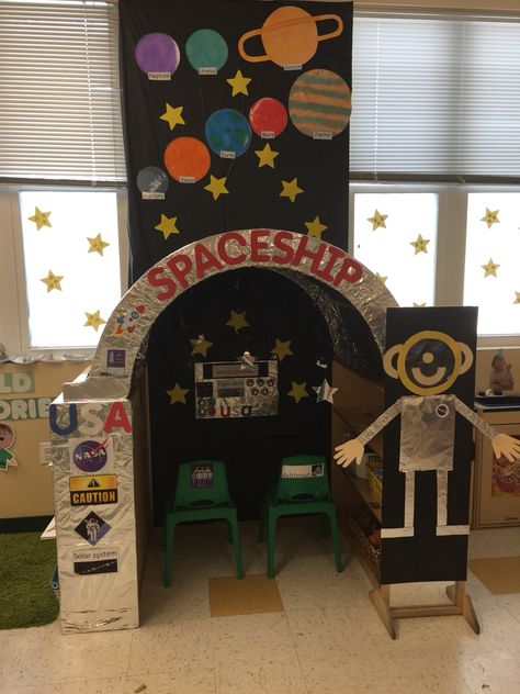 Solar System Display Classroom, Space Decorations Classroom, Solar System Decorations Classroom, Creation Themed Classroom, Planetarium Dramatic Play, Space Decor Classroom, Spaceship Dramatic Play, Space Dramatic Play Preschool, Outer Space Dramatic Play