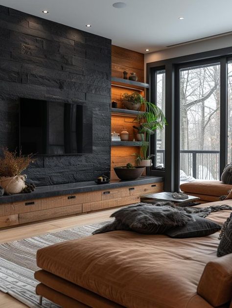 Black Stone Wall Living Room, Wood Black And Grey Living Room, Dark Wood Aesthetic Living Room, Dark Wall In Living Room, Dark Color Basement Ideas, Black Wall Interior Design, Black Fireplace Tv Wall, Black Wall Ideas Living Room, Dark Living Room Decor Ideas