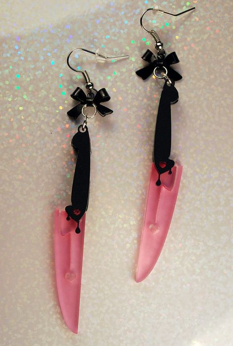 Knives to Meet you Knife Earrings Laser Cut Acrylic with Bow Hypoallergenic Knife Jewelry, Knife Earrings, Goth Outfit, Look Retro, Funky Earrings, Laser Cut Acrylic, Funky Jewelry, Knife Making, Fun Earrings