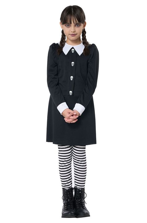 Dress, Pants Dreadful Girl Wednesday Addams Inspired Child Costume Product Description: Dress Pants Manufacturer's Size Chart: Returns: To receive return instructions, please open a return request through eBay. Most returns are processed within 1-2 weeks from the day we get it back. All shipping charges (original and return shipping) are the buyer’s responsibility. Returns may take a little longer to process during Halloween season. Item is not eligible for return if: It is past 30 days since yo Kids Wednesday Addams Costume, Black And White Striped Trousers, Wednesday Addams Inspired, Black And White Striped Pants, Wednesday Addams Costume, Chunky Black Boots, California Costumes, Family Tv, Classic Black Dress