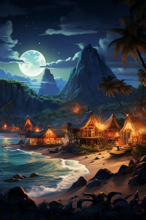 Hawaii Fantasy Art, Tropical Fantasy Aesthetic, Tropical Environment Concept Art, Tropical City Concept Art, Tropical Island Fantasy Art, Tropical City Fantasy Art, Megalodon Aesthetic, Tropical Landscape Art, Fantasy Tropical City