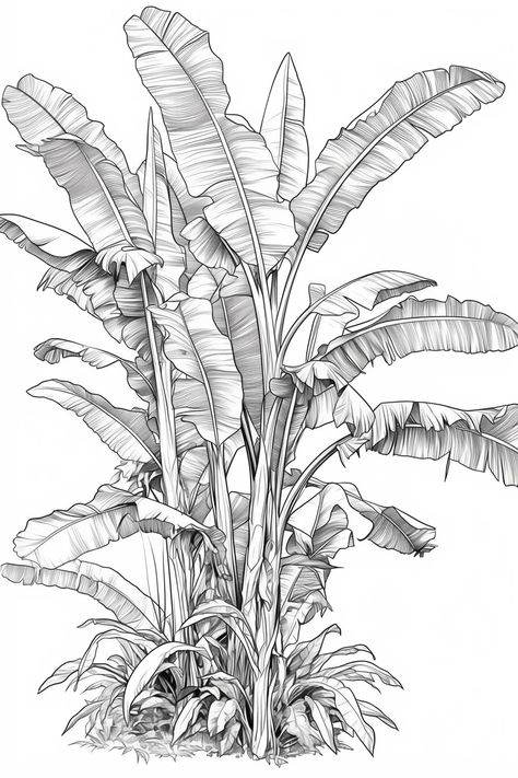 banana color pages – BUJO ART Plants Pencil Drawing, Banana Tree Drawing, Palm Sketch, Tree Pencil Sketch, Black White Tile, Banana Color, Jungle Coloring Pages, Nature Sketches, Tropical Tile