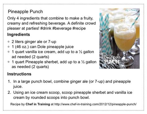 PINEAPPLE PUNCH Dole Pineapple Juice, Pineapple Punch, Ginger Ale, Pineapple Juice, Vanilla Ice, Vanilla Ice Cream, Refreshing Drinks, 4 Ingredients, Recipe Book