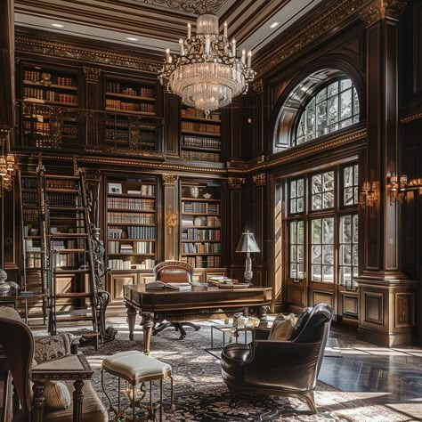 Brown Library Aesthetic, Dark House Decor, Office Study Room Ideas, Work Room Decor, Manor House Interior, Dunrobin Castle, Classic Rooms, Dream Home Library, Study Room Ideas