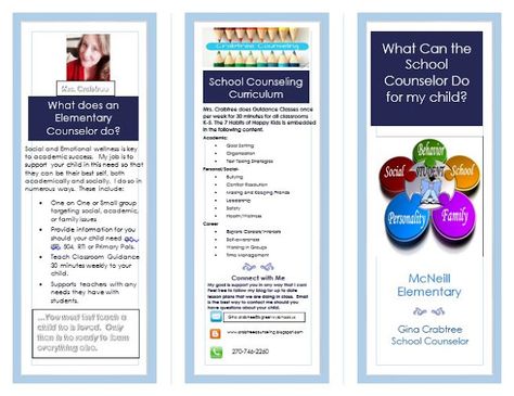 Mrs. Crabtree's Counseling Corner: School Counselor Brochure School Counselor Organization, Middle School Counselor, Counseling Techniques, Guidance Counseling, High School Counseling, Middle School Counseling, Guidance Lessons, Elementary Counseling, Counseling Office