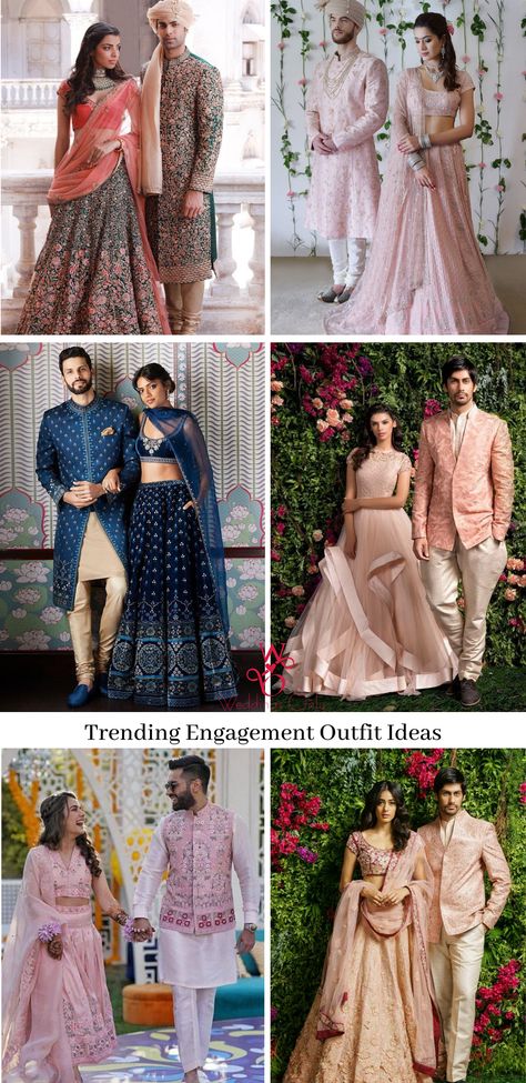 Engagement Outfit Ideas Indian Couple, India Engagement Outfit, Outfit Ideas For Engagement Indian, Engagement Ceremony Outfits, Engagement Outfit Ideas Indian, Engagement Look Indian, Couple Outfits For Engagement, Indian Groom Wear Wedding, Engagement Couple Outfits