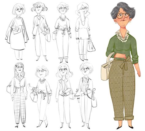 Cartoon Grandma Character Design, Middle Age Character Design, Grandmother Character Design, Office Worker Character Design, Grandma Illustration Character, Teenager Character Design, Grandma Character Design, Old Lady Character Design, Old Woman Character Design