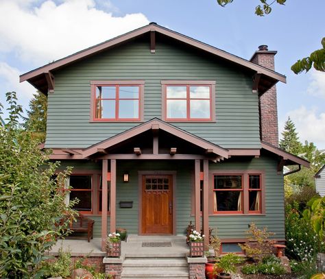 11+ Most Elegant Green House with Brown Trim as a Unique Unexpected Pairing Color – AprylAnn Windenburg House, Light Green House, Craftsman Exteriors, Green House Color, Brown House Exterior, Sage Green House, Green House Exterior, Green Siding, Metal Roof Houses