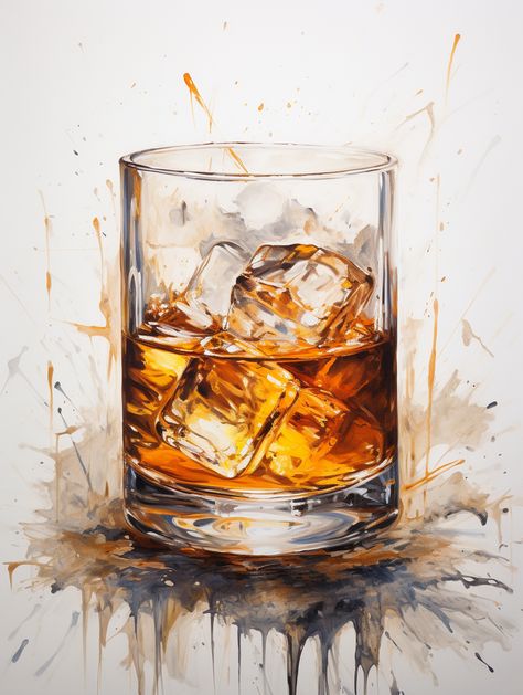 Whiskey Glass Painting, Whisky Drawing, Whiskey Glass Drawing, Glass Of Whiskey, Paint And Drink, Glitter Wall Art, Cuban Art, Food Art Photography, Graphic Art Prints