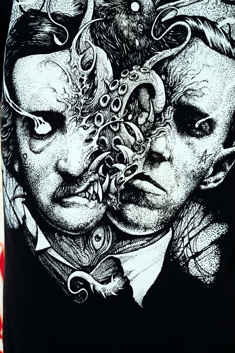 #PoecraftTee #TattooTee #TattooT-shirt #TattooStyleTees #BestPoecraftTee Joseph Vargo, Poe Tattoo, Cthulhu Tattoo, Poe Edgar, Lovecraft Monsters, Lovecraft Art, Stay Cold Apparel, The Legend Of Sleepy Hollow, Trippy Artwork