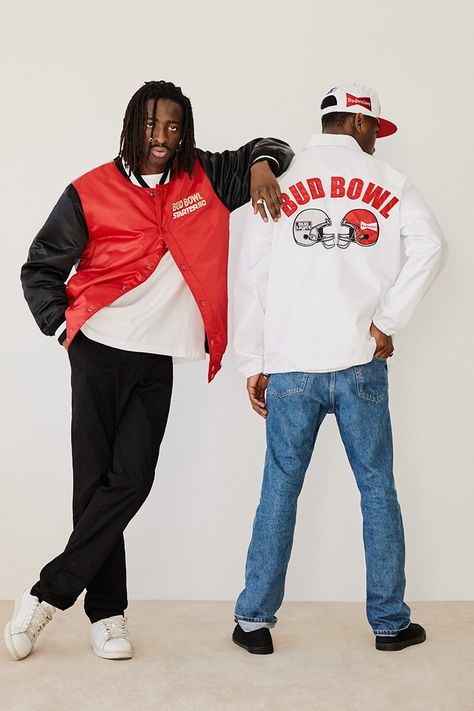 STARTER x Budweiser "Bud Bowl" 50th Anniversary Capsule | HYPEBEAST Olympic Sports, Coach Jacket, Sports Brands, 50th Anniversary, Black Label, Super Bowl, Fashion News, Varsity Jacket, Rain Jacket