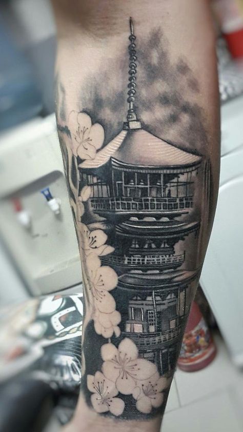 Old school Japanese building tattoo surrounded with cherry blossoms | www.otziapp.com Japanese Building Tattoo, Buddhism Tattoo, Building Tattoo, Japanese Tattoos For Men, Temple Tattoo, Sakura Tattoo, Buddha Tattoos, Japanese Dragon Tattoos, Geniale Tattoos