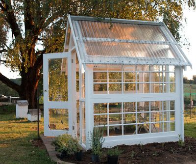 Helen Williams' greenhouse made from recycled French doors Diy Garden Landscaping, Window Greenhouse, Recycled Door, Diy Greenhouse Plans, Outdoor Greenhouse, Greenhouse Shed, Build A Greenhouse, Greenhouse Interiors, Home Greenhouse