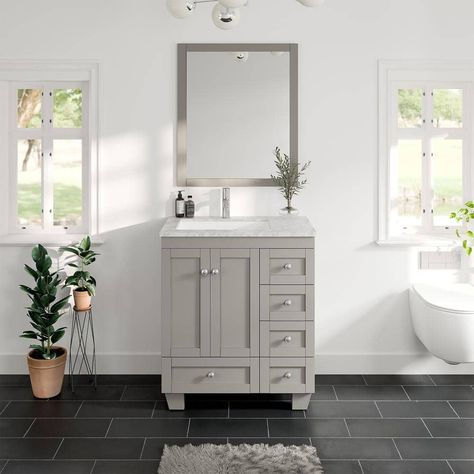 Eviva Happy 30 in. W x 18 in. D x 34 in. H Bath Vanity in Gray with White Carrara Marble Vanity Top and White Sink EVVN30-30X18GR - The Home Depot Transitional Bathroom Vanity, 24 Inch Bathroom Vanity, Grey Bathroom Vanity, Carrara Marble Countertop, Linen Cabinets, Small Bathroom Vanities, White Carrara Marble, Grey Bathroom, Transitional Bathroom