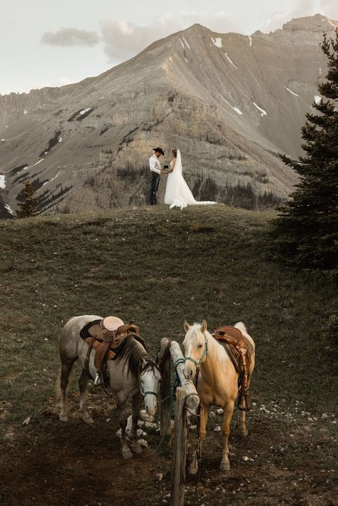 horseback elopement in the Canadian Rockies Horse Elopement, Western Elopement, Mountain Couple, Hiking Elopement, Trail Ride, Horse Wedding, Horse Trail, Horse Trainer, Two Horses