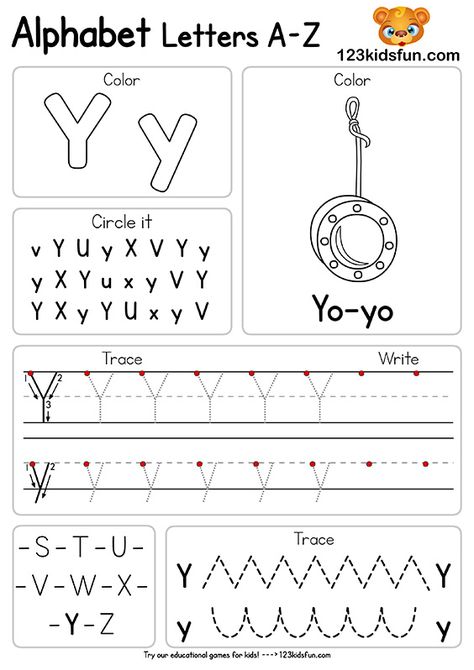 123kidsfun.com Alphabet Letters A-z, Y Worksheets Preschool, Letter I Activities For Preschool, Letter Y Worksheet, Letter A Worksheet, Letter Preschool, Letter Y Worksheets, Free Printable Alphabet Worksheets, Learn Alphabet