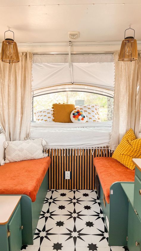 Fun Camper Remodel, Retro Camper Paint Job, Shasta Trailer Interior, Tent Trailer Decor, Colorful Camper Remodel, 60s Camper Interior, Camper Design Interior, Cute Trailer Interior, Colorful Camper Interior