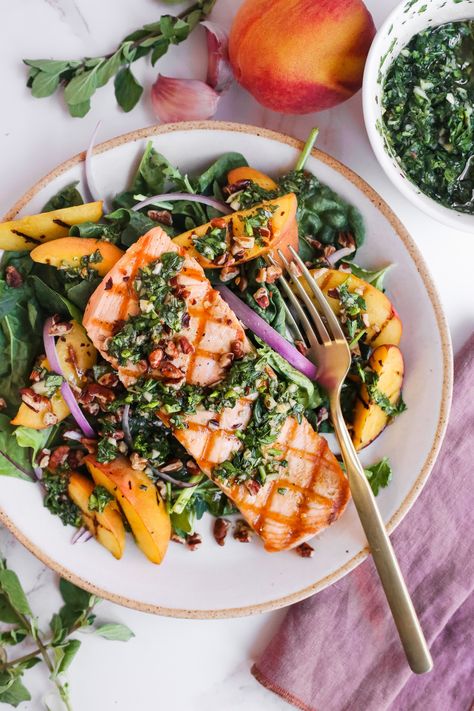 This is the ultimate summer salad, served with fresh chimichurri sauce, grilled peaches, and perfectly grilled salmon. Enjoy! Chimichurri Rice, Seafood Cravings, Salmon Salad Recipe, Summer Salmon, Grilled Peach Salad, Salmon Salad Recipes, Grilled Foods, Poblano Peppers, Scrumptious Food