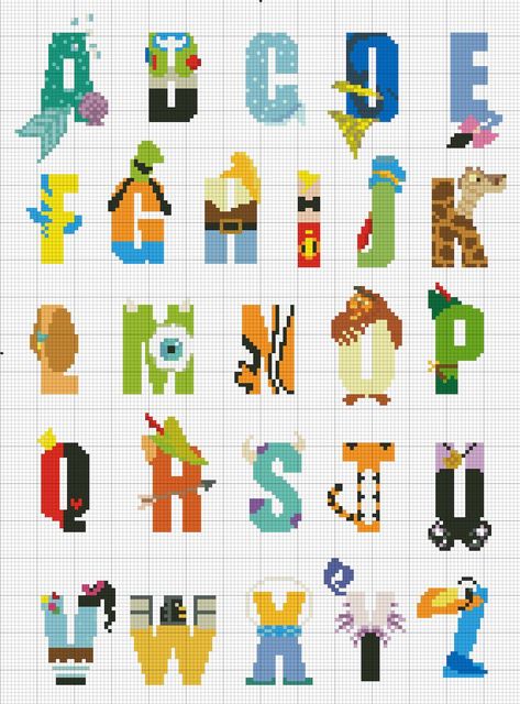 Character Alphabet, Alphabet Disney, Cross Stitch Alphabets, Alfabeto Disney, Disney Alphabet, Cross Stitch Alphabet Patterns, Disney Cross Stitch Patterns, Cross Stitch Fonts, Cross Stitch Letters