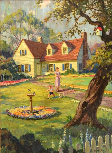 "Mother With Playing Child in Front Yard" by Hy Hintermeister  (1897 - 1972) Henry Hintermeister, Cottage Illustration, Americana Art, Storybook Cottage, Garden Illustration, John Henry, Cottage Art, Framed Oil Painting, Vintage Life