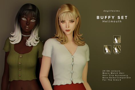 DAYLIFE SIMS — BUFFY HAIR SET - Hellmouth And finally here is... Buffy Hair, Daylife Sims, The Sims 4 Skin, Pelo Sims, The Sims 4 Packs, Sims 4 Game Mods, Sims 4 Mm Cc, Hair Set, Free Sims