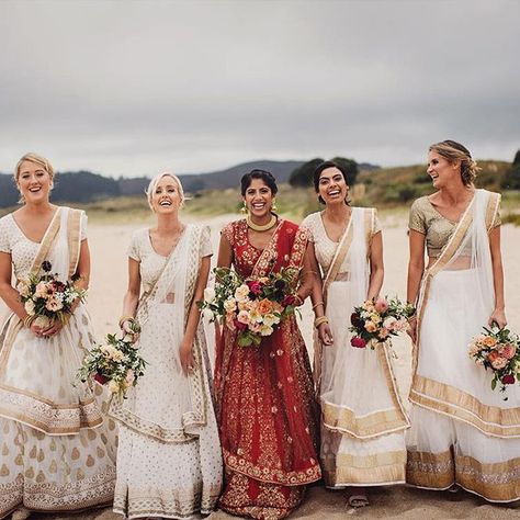 Indian Bridesmaids- Soft taupe and cameo shades of traditional indian skirts and tops.Gold threading and detailing throughout - see the rest of the collection on www.onefabday.com Desi Bridesmaids, Indian Bridal Wear Red, Bridesmaid Dresses Indian, Indian Bridesmaid Dresses, Indian Bridesmaids, Wedding Dresses Indian, Wedding Sari, Indian Wedding Inspiration, Bridesmaid Colors