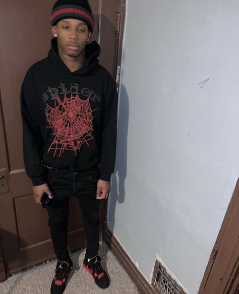 Spider Hoodie Outfit Men, Sp5der Hoodie Outfit, Red Hoodie Outfit, Hoodie Outfit Aesthetic, Designer Fits, Ybn Nahmir, Tuff Fits, Sweatsuit Outfit, Hoodie Outfit Men