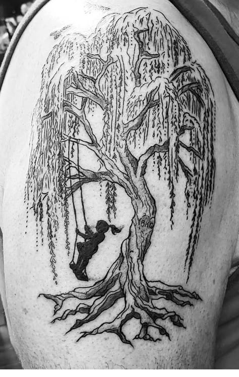 Weeping Willow Tree Tattoo, Tree Thigh Tattoo, Weeping Willow Tattoo, Willow Tattoo, Willow Tree Tattoo, Swing Tattoo, Yggdrasil Tattoo, Tree Roots Tattoo, Tree Tattoo Meaning